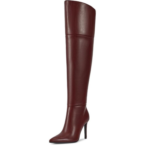 Womens Burgundy Faux Leather Ponited Toe Zipper up Thigh High Stiletto Heel Boot - Picture 2 of 7